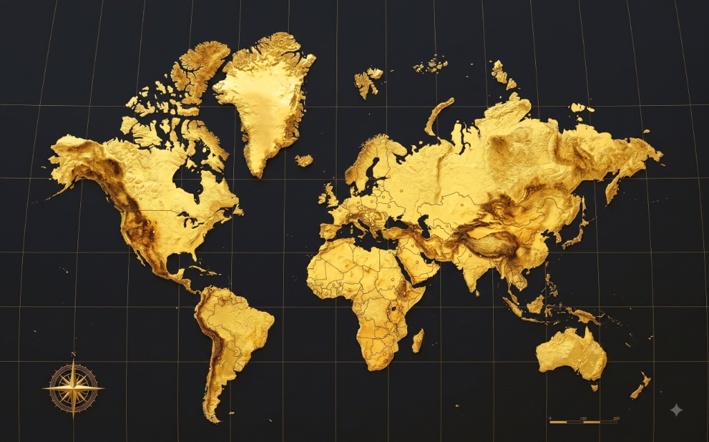 Gold world map of Srila Prabhupada’s international travels from 1965 to 1977